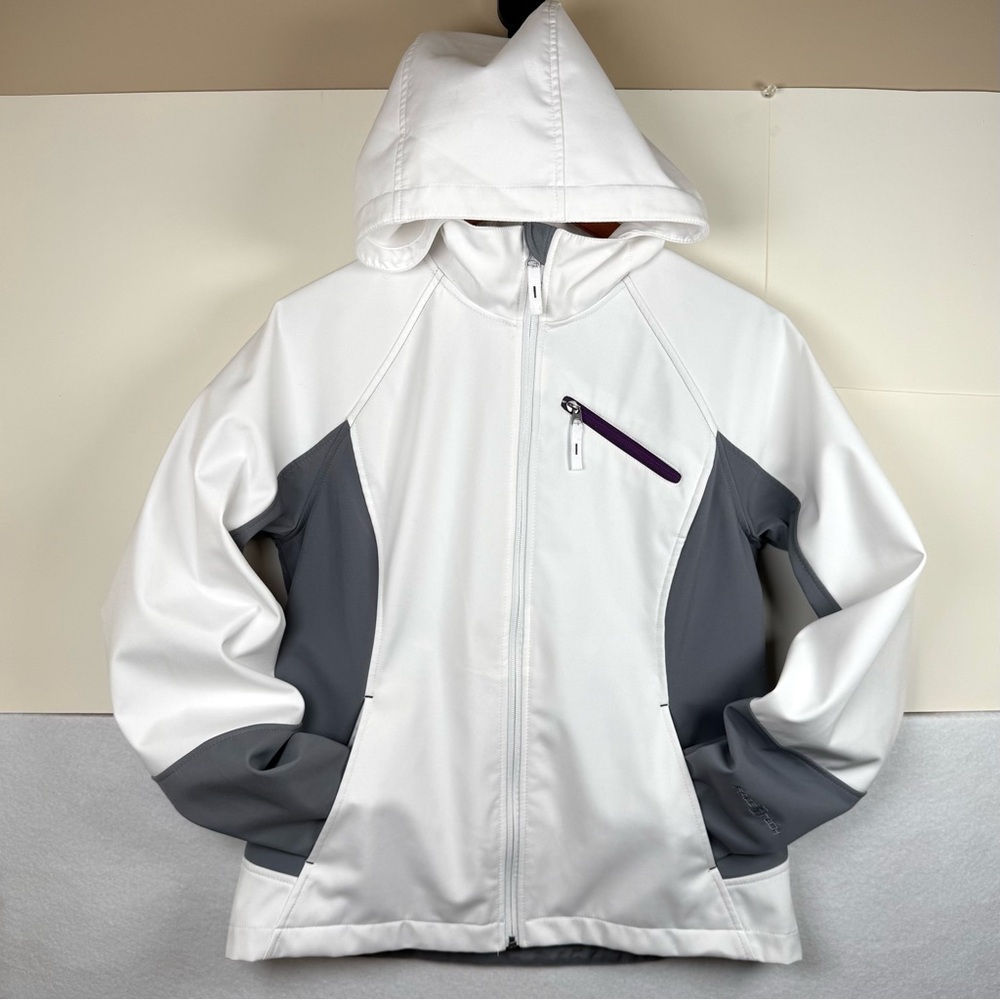 Free Tech White Gray Softshell Hooded Jacket Full Zip Fleece Lined Womens Medium